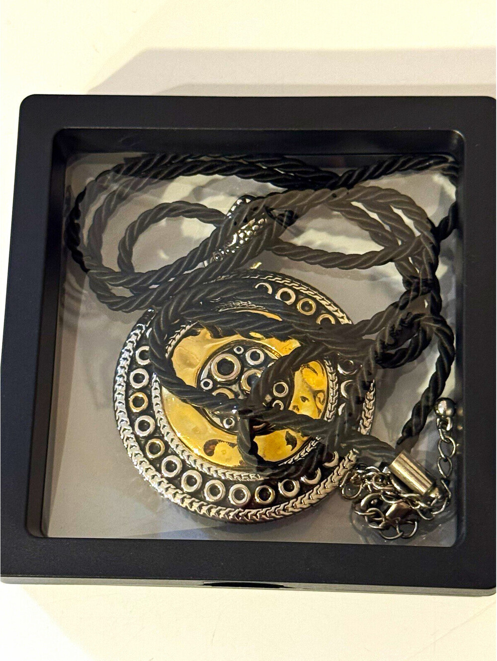Lia Sophia Mixed Metal Medallion Pendant Necklace Black Cord Silver Gold Tone